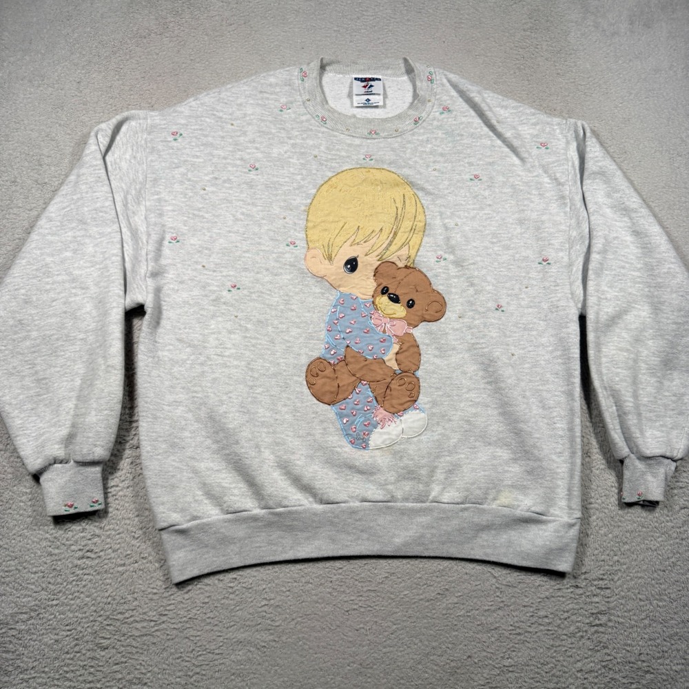 Vintage 90s Jerzees Sweatshirt Women L Gray Precious Moments Bear Made in USA